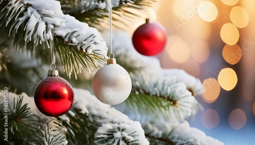 Close up of snow covered, flocked Christmas tree decorated with red and white ornaments, bokeh background, copy space