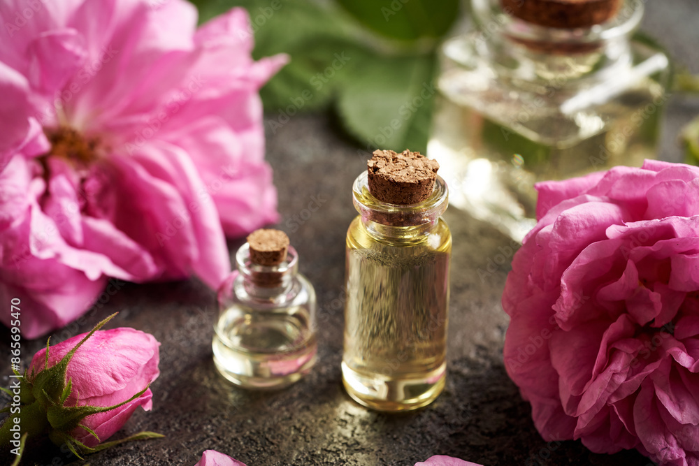 Bottles of aromatherapy essential oil with pink rose de Mai flowers Bottles of aromatherapy essential oil with pink rose de Mai flowers
