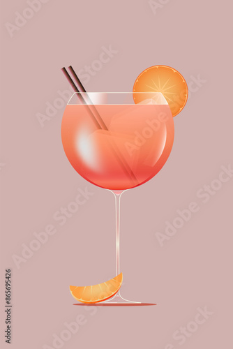 Aperol Spritz cocktail in balloon glass, garnished with orange slice and two straws against pink background. Vector illustration. Creative design. Concept of alcohol drink, bar menu, refreshment