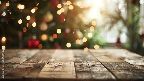 A wooden table is empty in front of a blurry Christmas background. There is space in the photo for you to add your own text. © Elshad Karimov