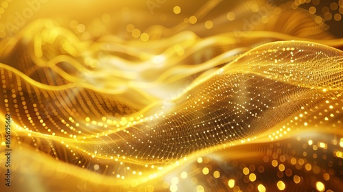 Abstract wave lines, flowing patterns, and dots on a gold background. Modern, futuristic design representing big data, digital technology, and tech advancements.