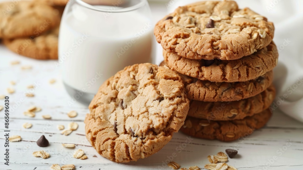 Oatmeal cookies with milk on white wooden table
