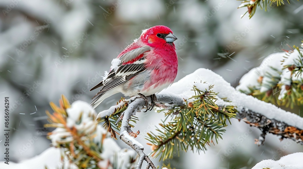 Against backdrop of snowcovered pine forest of Yellowstone National Park vibrant plumage of male Pine Grosbeak stand out winter landscape bright red pink feather rare bird add burst of color serene Against backdrop of snowcovered pine forest of Yellowstone National Park vibrant plumage of male Pine Grosbeak stand out winter landscape bright red pink feather rare bird add burst of color serene
