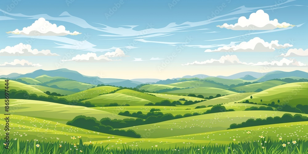 Minimalist landscape with green hills, blue sky, and clouds Minimalist landscape with green hills, blue sky, and clouds