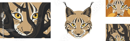 Four images of lynx. 
big cute cat hunts, hides behind trees, lies in wait in autumn leaves. Wild animal vector illustration
