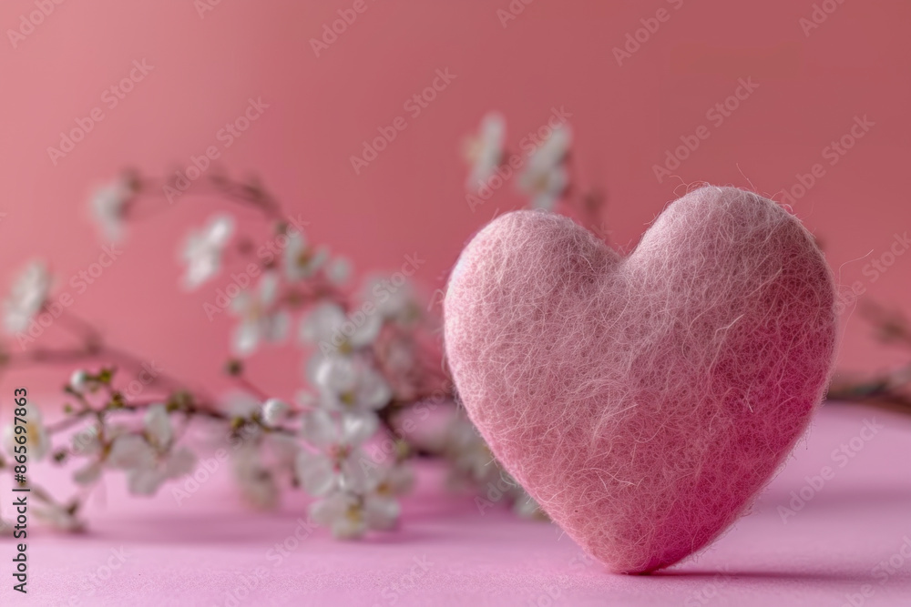 Valentines day pink felt heart on pink backdrop. Generative AI Valentines day pink felt heart on pink backdrop. Generative AI