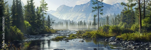 stoney river through the forest with mountains in the background, 