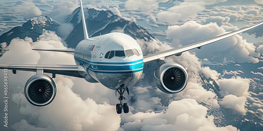 Fototapeta premium commercial airplane, white with blue and green color scheme, flying in the sky, 
