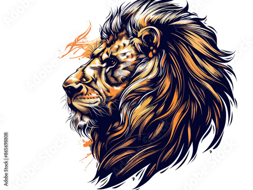 A lion with a fierce look on its face. The lion is depicted in a bold and striking manner, with its mane flowing out in all directions. Concept of strength and power, as well as a wild