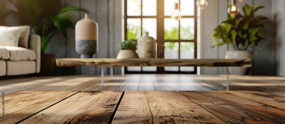 Blurry modern living room interior background with a wooden table top Blurry modern living room interior background with a wooden table top