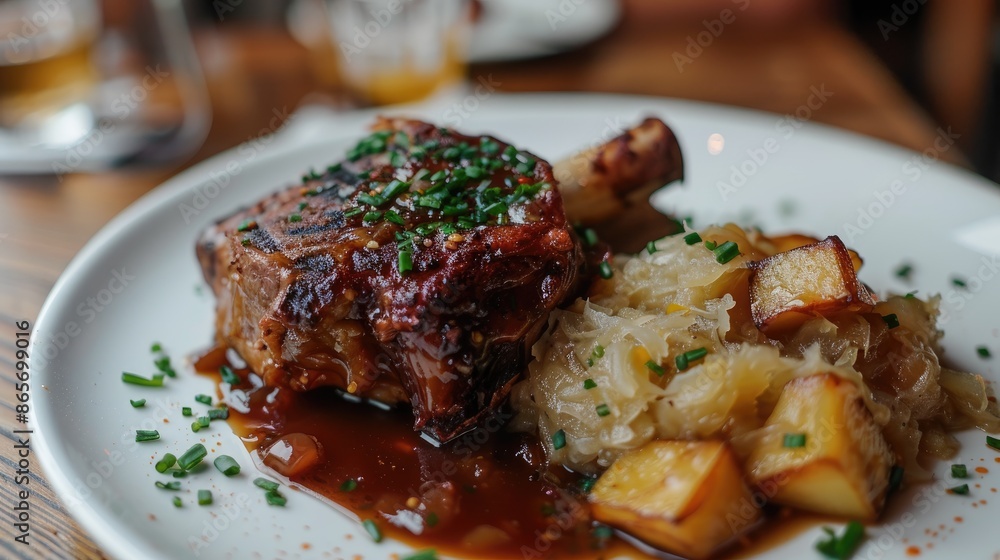 Pork knuckle served with sauerkraut and beer infused apples Pork knuckle served with sauerkraut and beer infused apples