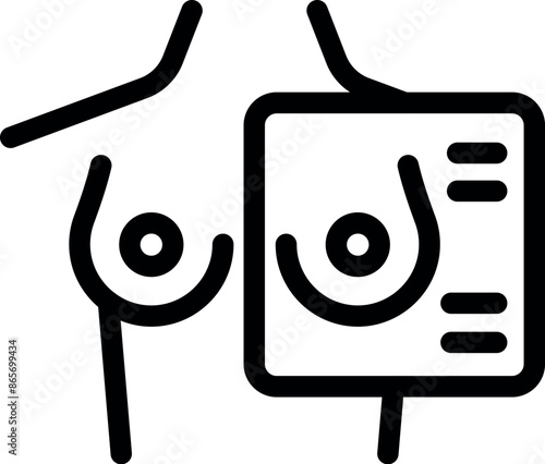 Line icon of a woman's breasts and a mammography scan, promoting breast cancer awareness and early detection
