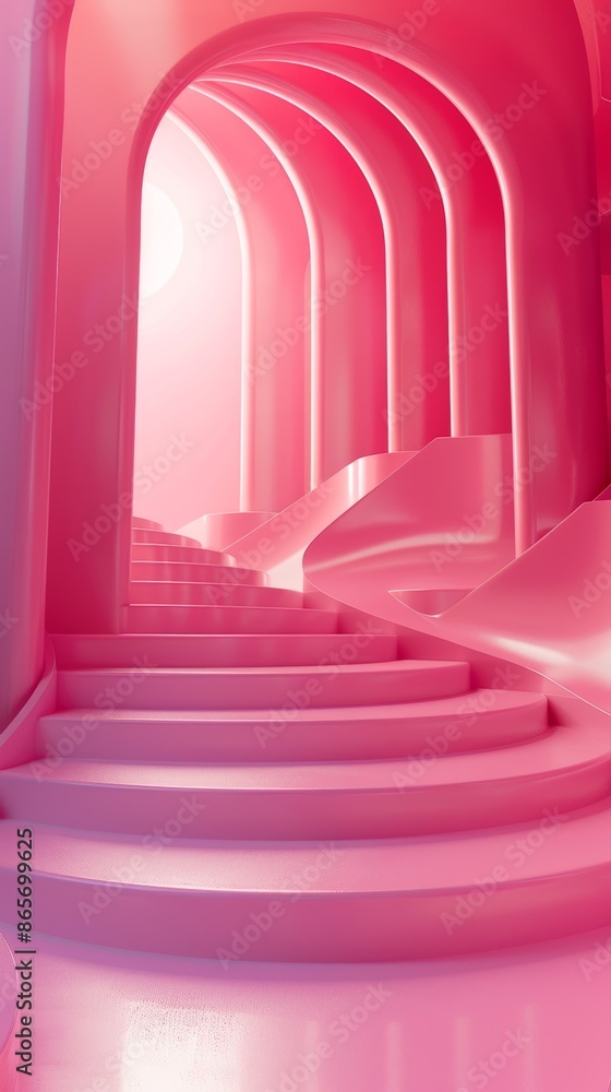Futuristic staircase design with smooth, curved archways bathed in pink hues, presenting an abstract and modern aesthetic ideal for digital art and interior design inspirations. Futuristic staircase design with smooth, curved archways bathed in pink hues, presenting an abstract and modern aesthetic ideal for digital art and interior design inspirations.