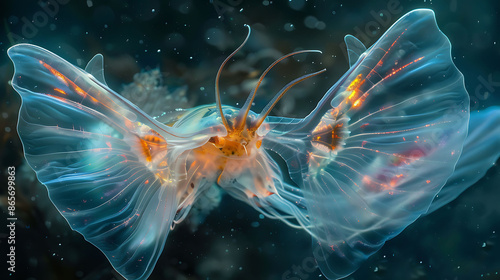 Amidst freezing water of Antarctic Peninsula ethereal beauty of sea butterfly revealed through lens of macrophotography setup Using specialized lighting technique translucent wing delicate body of photo