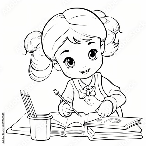 Vector young girl book reading lover. cartoon coloring book page for kids.