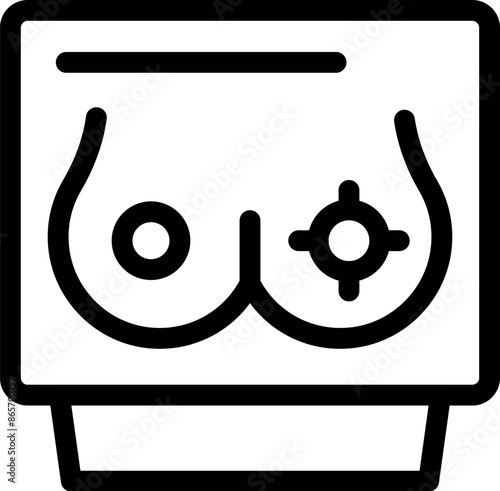 Line icon of a mammography machine scanning female breasts, emphasizing the importance of early detection in women's health
