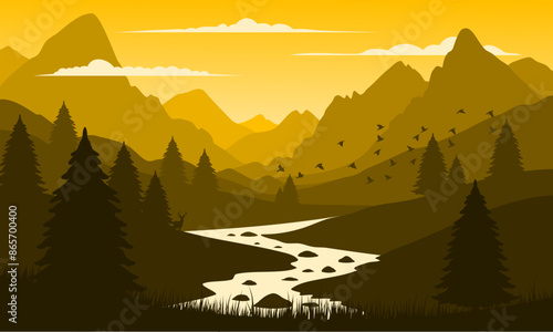 Vector yellow mountain landscape with clean sky and calm river and pine trees silhouettes