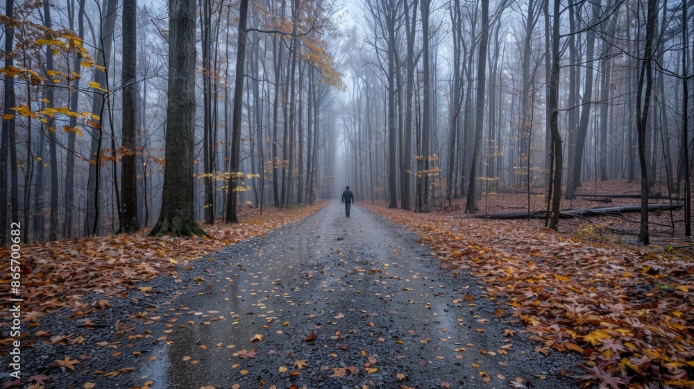 Obraz premium A man walking in the forest in foggy weather. Walkways and a man. A man walking alone. 