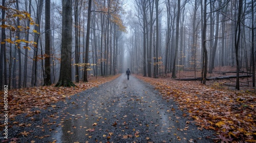 Fototapeta Naklejka Na Ścianę i Meble -  A man walking in the forest in foggy weather. Walkways and a man. A man walking alone. 