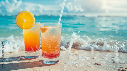 Refreshing summer cocktails by the shimmering beach.