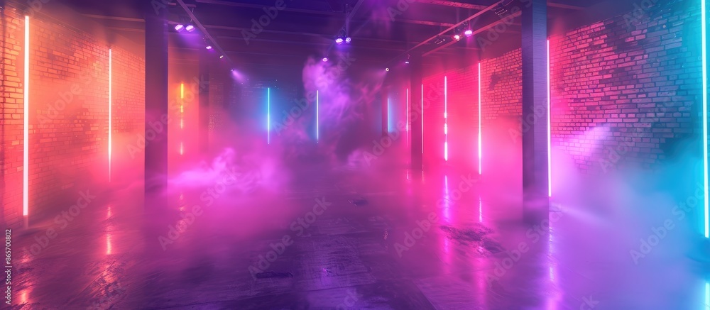 Empty room with brick walls, neon lights, laser lines, and multicolored smoke in the background. Empty room with brick walls, neon lights, laser lines, and multicolored smoke in the background.