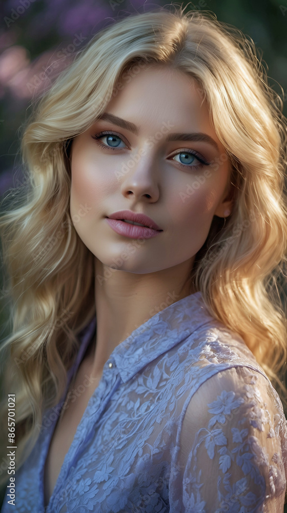 Fototapeta premium Young Blonde Blue Eyes Beautiful Complexion Sheer Light Purple Blouse Bokeh Background