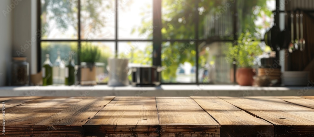 Blurred kitchen window background with a wooden textured tabletop Blurred kitchen window background with a wooden textured tabletop