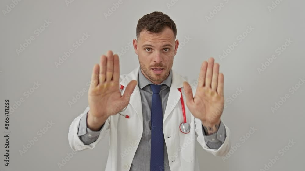 Handsome man in doctor's coat with stethoscope gesturing stop with hands over white background Handsome man in doctor's coat with stethoscope gesturing stop with hands over white background