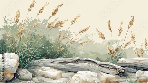 Delicate botanical illustration of tall grass and reeds against a soft pastel background.
