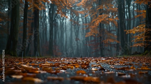 Fototapeta Naklejka Na Ścianę i Meble -  A man walking in the forest in foggy weather. Walkways and a man. A man walking alone. 