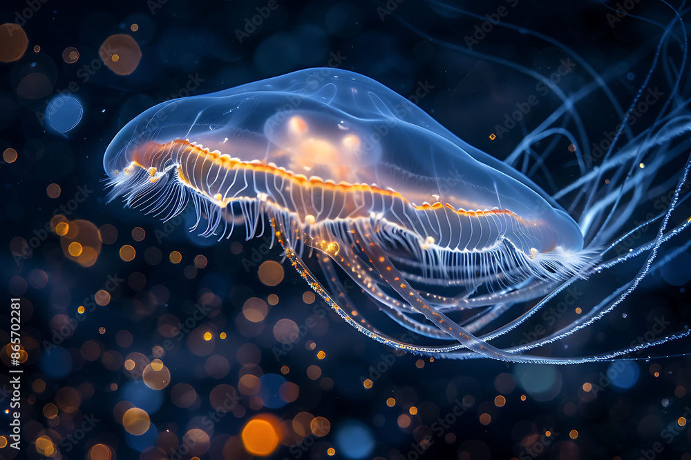 Amidst icy water of Arctic Ocean ethereal beauty of Arctic comb jelly revealed through lens of macrophotography setup Using specialized lighting technique translucent body delicate cilium of pelagic Amidst icy water of Arctic Ocean ethereal beauty of Arctic comb jelly revealed through lens of macrophotography setup Using specialized lighting technique translucent body delicate cilium of pelagic