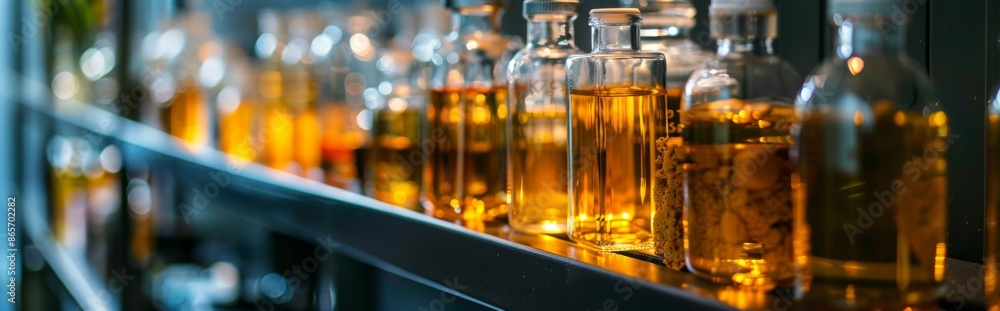 Bottles of Golden Liquid on a Shelf Bottles of Golden Liquid on a Shelf