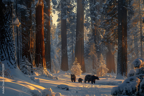 Amidst rugged beauty of Yosemite National Park California towering sequoia stand sentinel against backdrop of winter sunset Using Canon EOS R6 RF 24105mm f4L USM lens family of American black bear photo