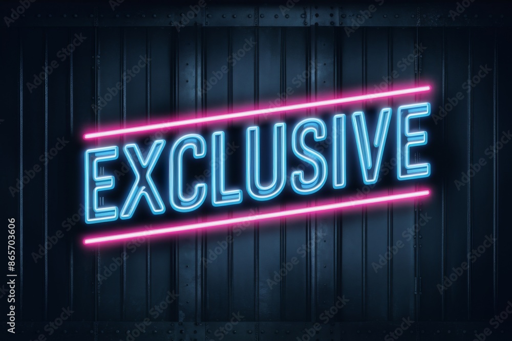 Exclusive neon sign with vibrant blue and pink lighting on a dark industrial metal background, perfect for advertising, promotions, nightlife events, and modern design projects. Exclusive neon sign with vibrant blue and pink lighting on a dark industrial metal background, perfect for advertising, promotions, nightlife events, and modern design projects.