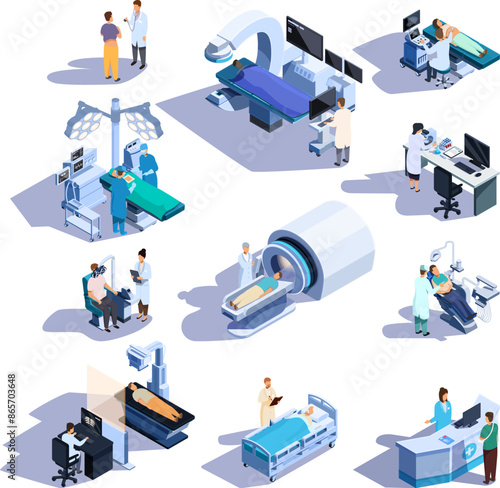 isometric set of medical icons treating and examining a patient by a doctor, vector illustration