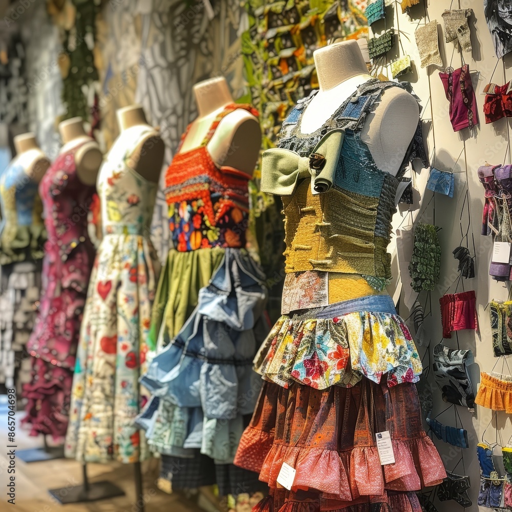 Eco-Chic Showcase: Vibrant Recycled Fashion Display at Luxurious Boutique Eco-Chic Showcase: Vibrant Recycled Fashion Display at Luxurious Boutique