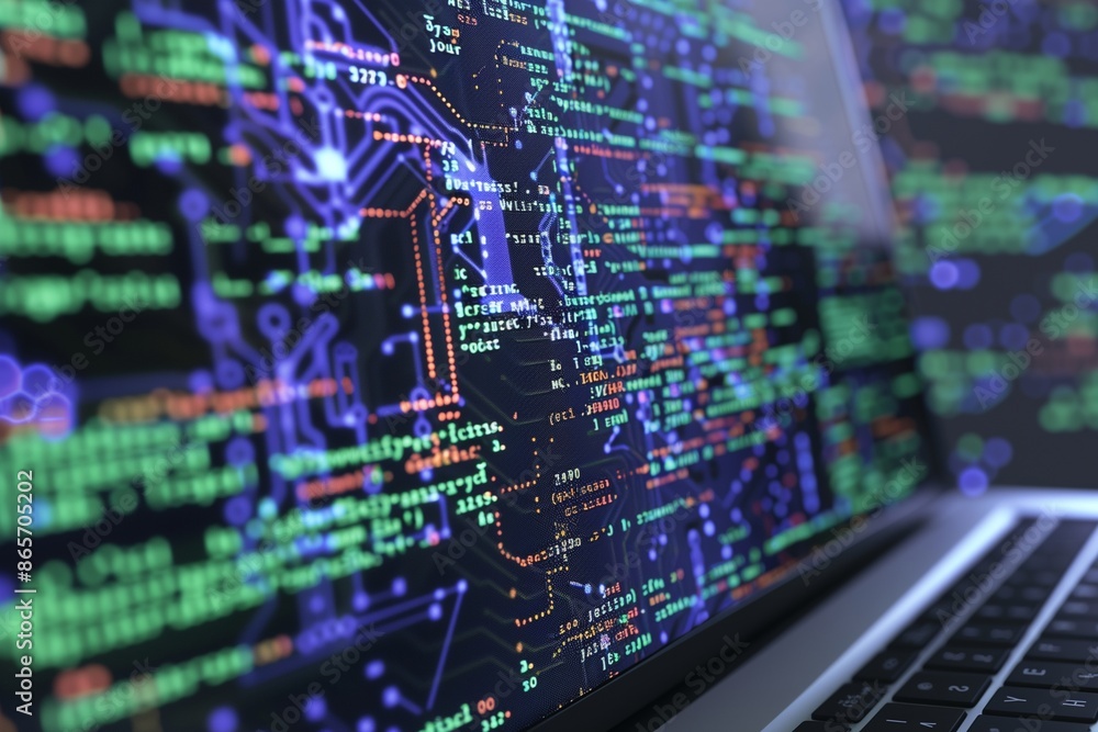 A detailed close-up of a laptop screen filled with JavaScript code, set within a virtual environment where digital connections and circuit patterns seamlessly merge. A detailed close-up of a laptop screen filled with JavaScript code, set within a virtual environment where digital connections and circuit patterns seamlessly merge.