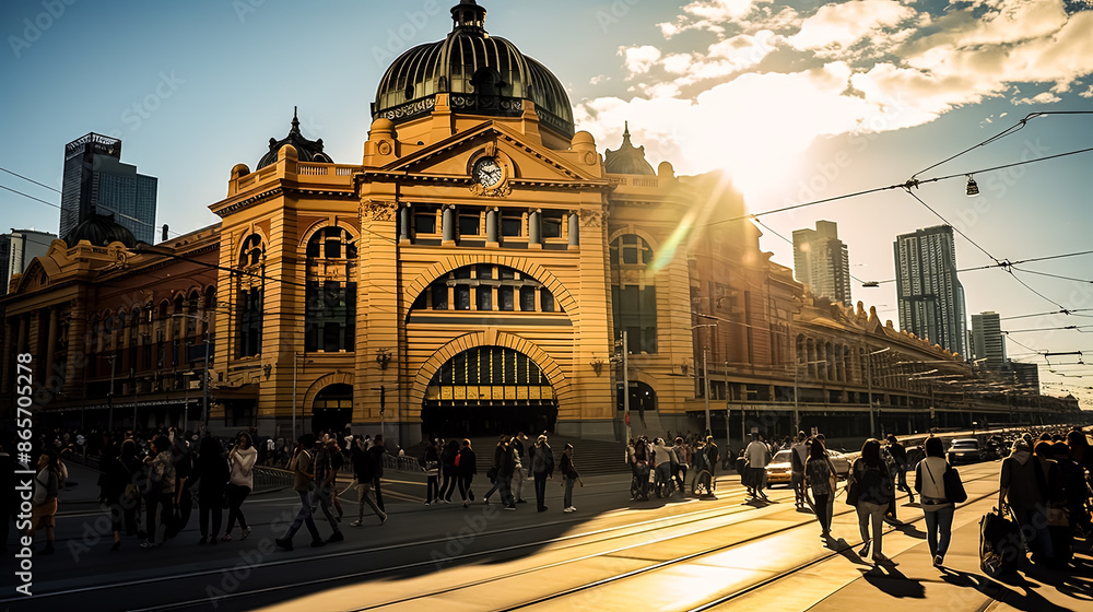 Naklejka premium Ruchliwa ulica miejska, obok dużego budynku przejeżdża tramwaj.