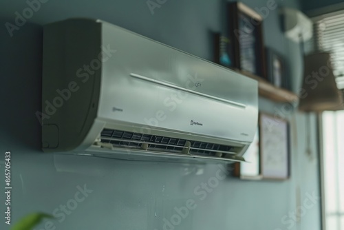 Close-up of a compact and quiet air conditioner unit installed discreetly on the wall of a modern apartment, providing comfort without sacrificing style