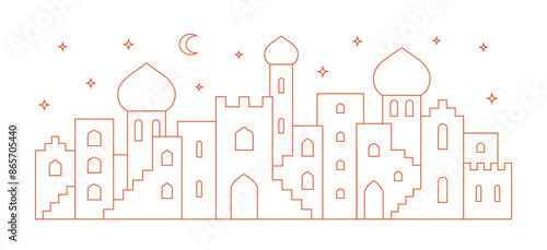Line arabic old city buildings, houses, arches banner. Simple outline vector medina banner