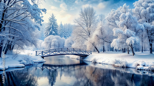 Winter Tranquility: Snow-Covered Bridge in Winter