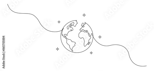 One continuous line drawing of Earth globe in outer space. World map and planet symbol in simple linear style. Travel and flight concept in editable stroke. Doodle contour vector illustratio