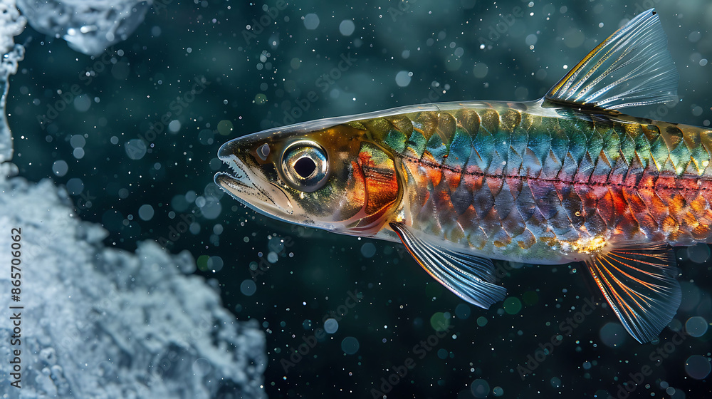 Fototapeta premium Iridescent Fish Underwater with Bokeh Light – Vibrant Aquatic Wildlife Photography