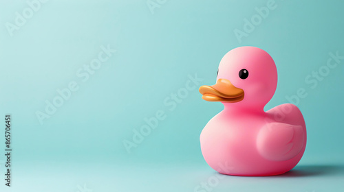 A pink rubber duck floats on a blue background. The duck is facing to the left of the frame and is in focus. © AiStock