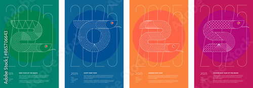 Abstract Chinese snake set on 2025 Happy New Year posters. Colored creative China zodiac animal serpent on flyers. Graphic Asian celebration colorful prints. Modern trendy oriental festival placards