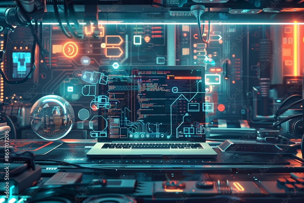 An intricately detailed image of a laptop displaying a live coding session, surrounded by holographic circuit designs and interconnected IoT devices in a futuristic setting. An intricately detailed image of a laptop displaying a live coding session, surrounded by holographic circuit designs and interconnected IoT devices in a futuristic setting.