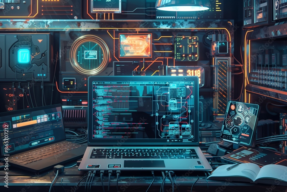 An intricately detailed image of a laptop displaying a live coding session, surrounded by holographic circuit designs and interconnected IoT devices in a futuristic setting. An intricately detailed image of a laptop displaying a live coding session, surrounded by holographic circuit designs and interconnected IoT devices in a futuristic setting.