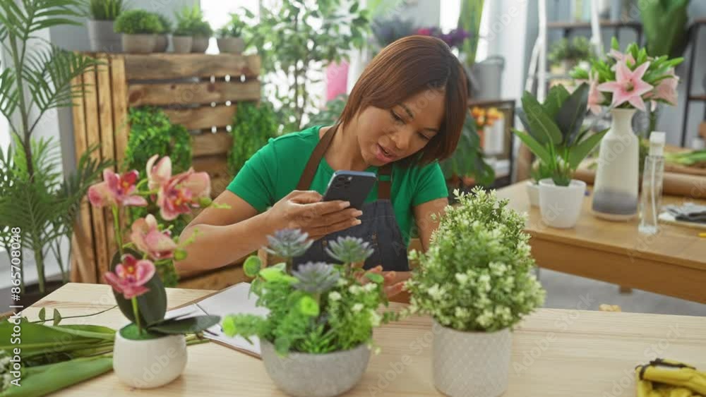 African american woman in apron using smartphone in flower shop with plants and pots in background. African american woman in apron using smartphone in flower shop with plants and pots in background.