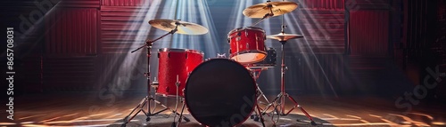 A bold red drum kit set up on a stage, with the spotlight enhancing its fiery hue against the dark floor
