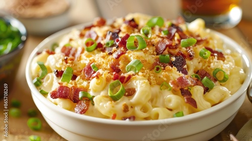 Macaroni and cheese topped with sliced scallions and crispy bacon